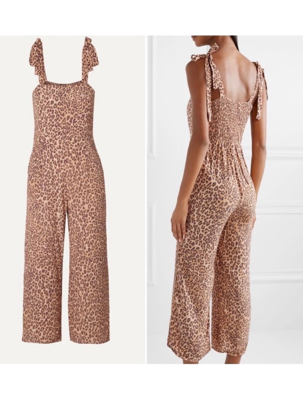 Faithfull the Brand Leopard Print Tie-Shoulder Jumpsuit - Tan/Brown